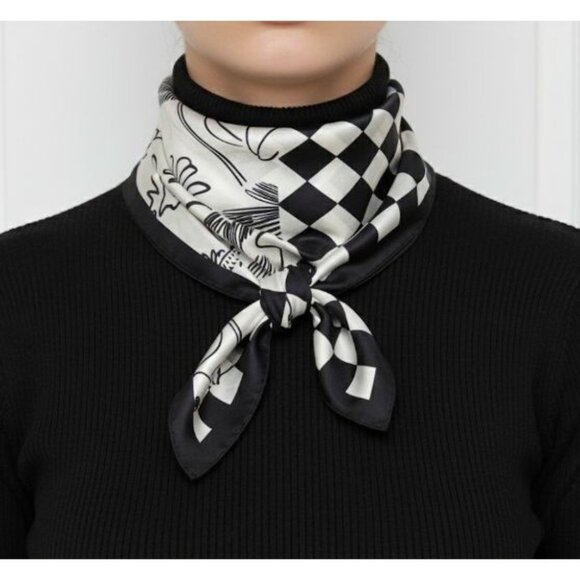 ⭐Luxury Silky Square Scarf Bandana Abstract Checkered BLACK WHITE Modern Art New - Picture 2 of 8